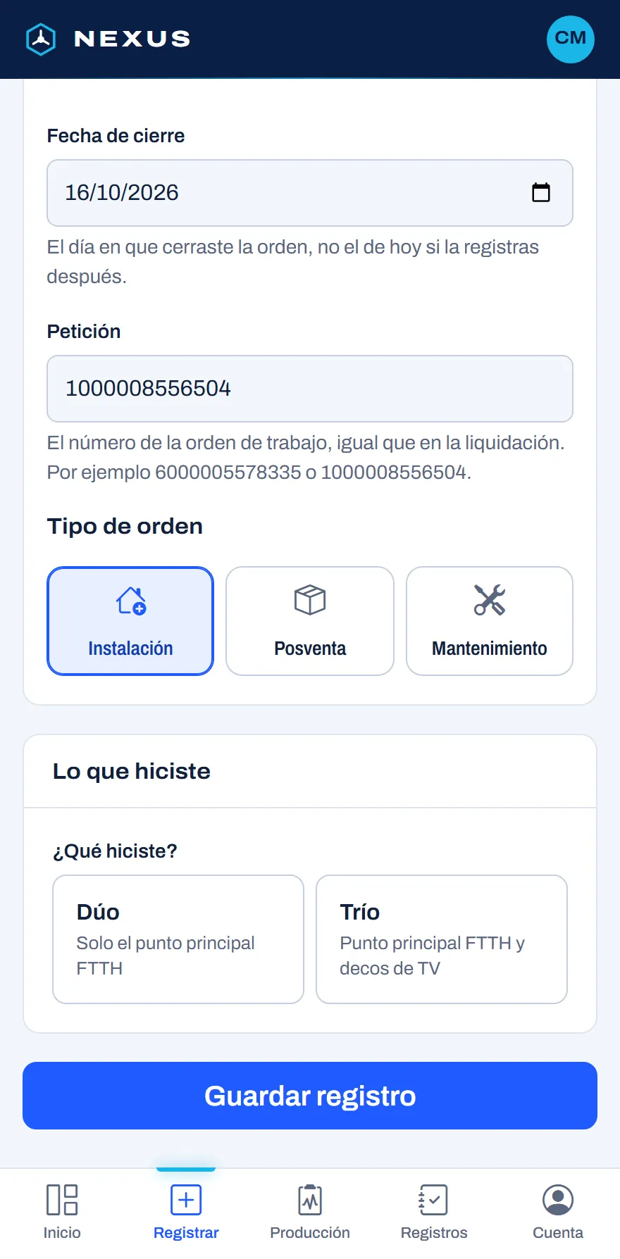 Formulario guiado para registrar una orden desde el celular